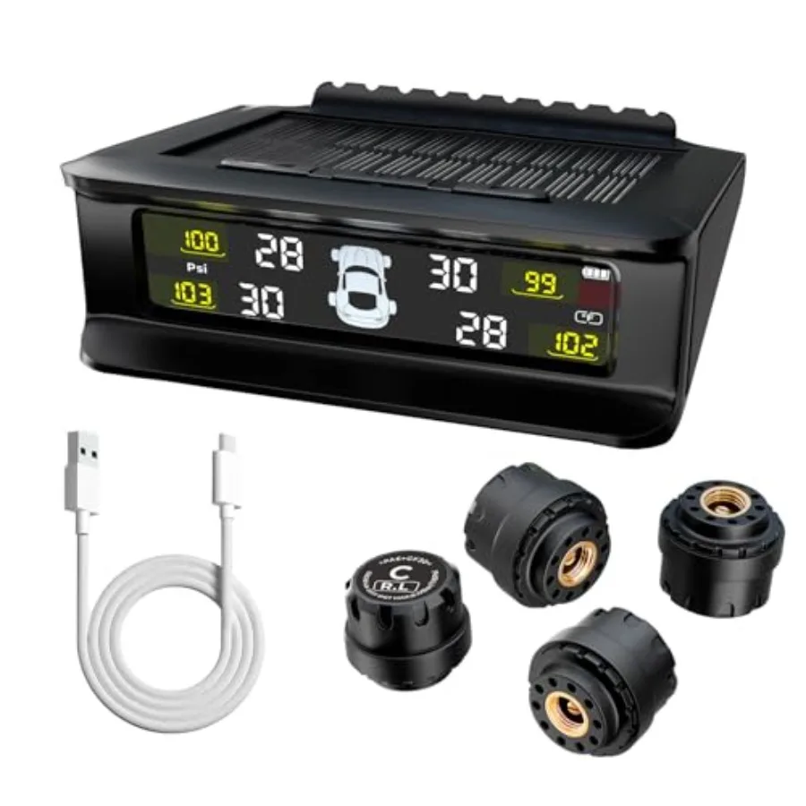 

Tire Pressure Monitoring System with 4 Sensors, Solar and USB-C Charging TPMS, 6 Safety Alarms, HD Display Tire Pressure Monito