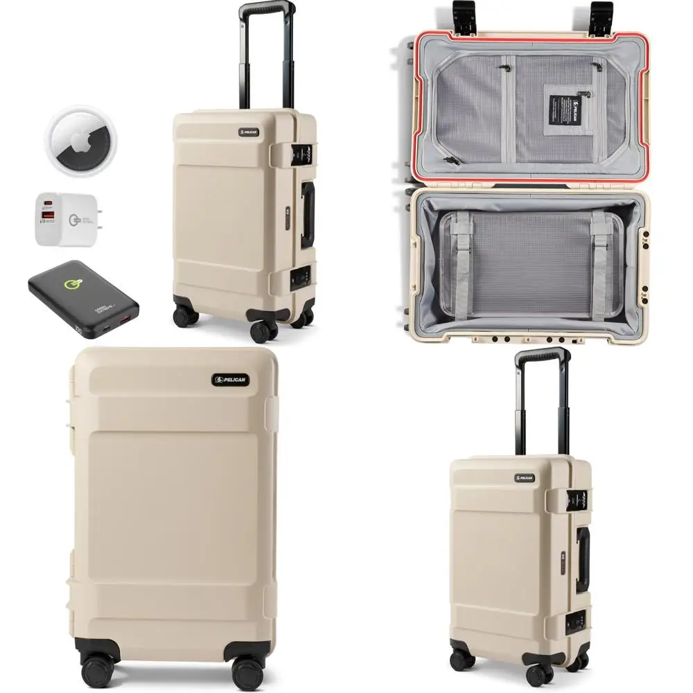 

водонепроницаемый жесткий дорожный чемодан на колесиках с размером багажа 22 дюйма и дорожным комплектом песочного цвета.