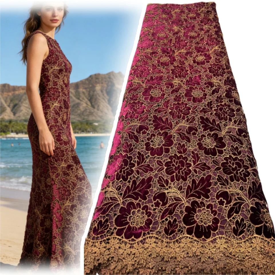 

African Velvet Tassel Lace Fabric with Intricate Embroidery Laser Cut Traditional Nigerian Attire Drapes Designs Material 1976