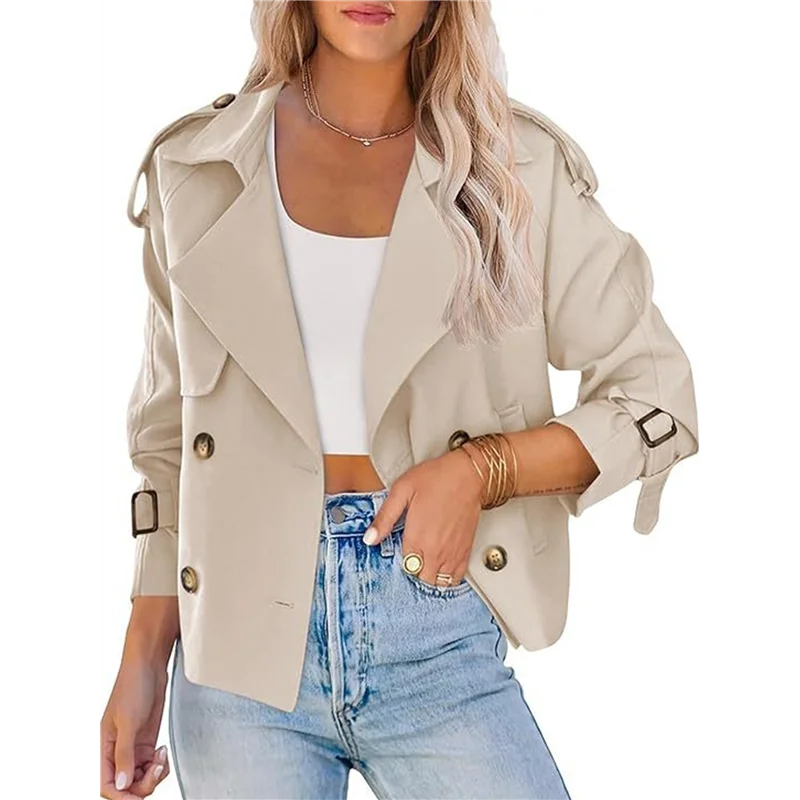 

ABRT-Женские двубортные плащи с длинными рукавами и зубчатыми лацканами, повседневные свободные укороченные плащи с карманами