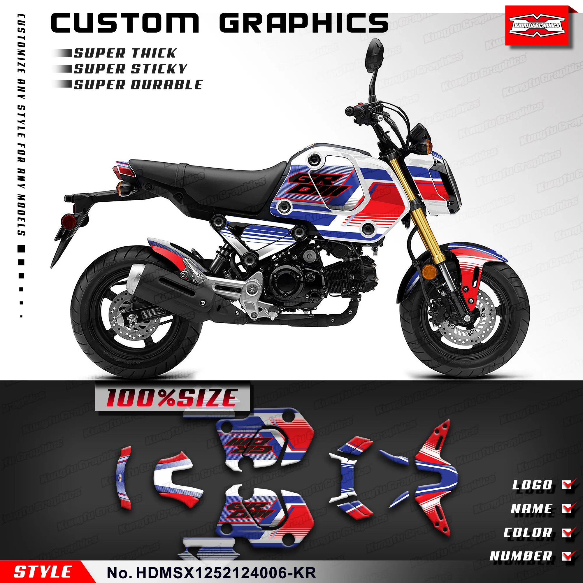 KUNGFU GRAPHICS Racing Sticker Wrap Design for HONDA Grom MSX 125 2021 2022 2023 2024 Pocket Bike, Minibike,HDMSX1252124006-KR