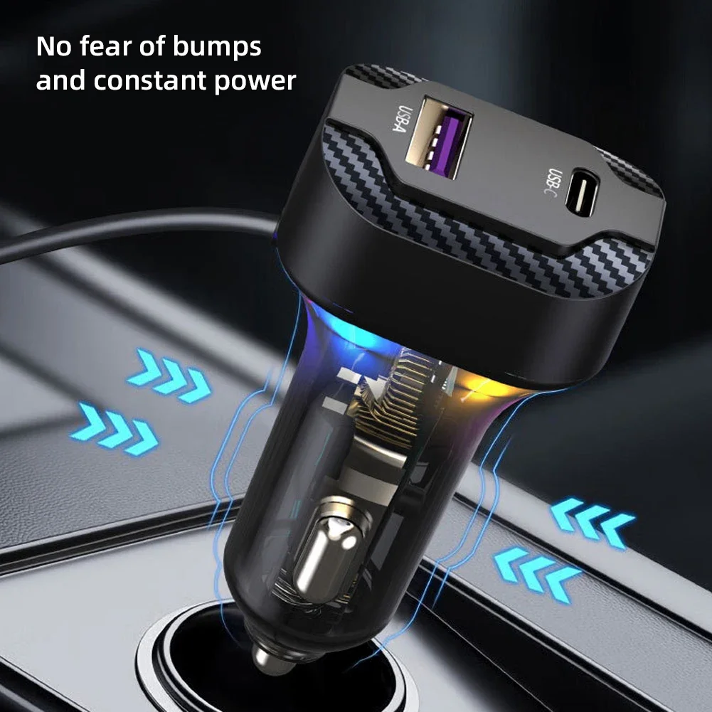 QC3.0 PD 30W Car Charger 3 Ports Fast Charging With Spring Wire Atmosphere Light Cigarette Lighter Converter For 12V-24V Cars