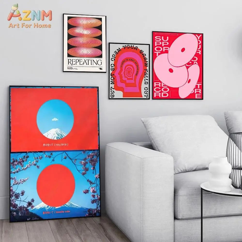 

AZNM Retro Japanese Graphic Design Canvas Wall Art Print, Frameless Single Panel Abstract Geometric & Mount Fuji Illustration Po