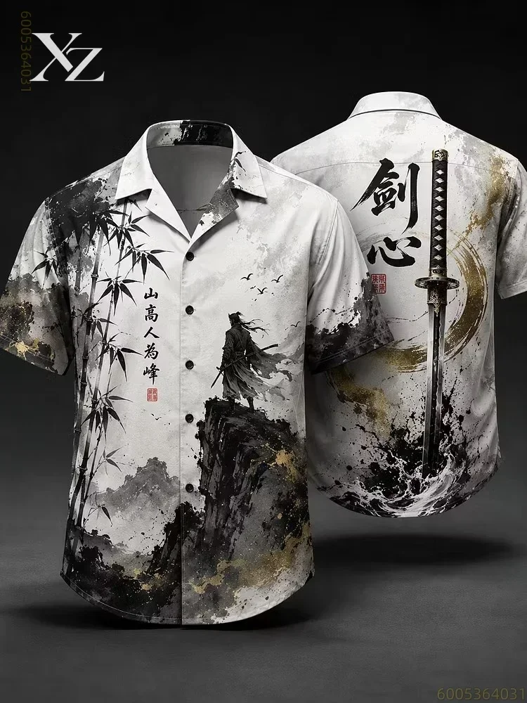 Men's short-sleeved collared shirt with chivalrous swordsman double-sided print, comfortable fabric, trendy loose fit