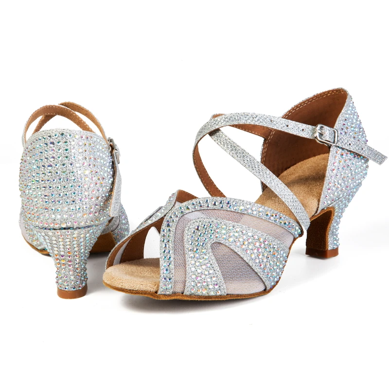 

Professional Latin dance shoes for adult women, mid high heels, soft soled rhinestone dance shoes, suitable for all seasons, soc