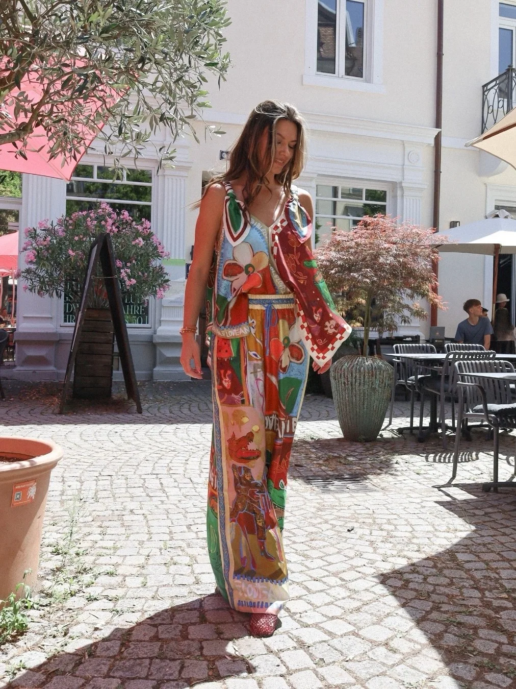 Silk Hand-Painted Oil Painting Print Top Wide Leg Pants Set 2026 New Holiday Style Two-Piece Suit Women's Summer Fashion