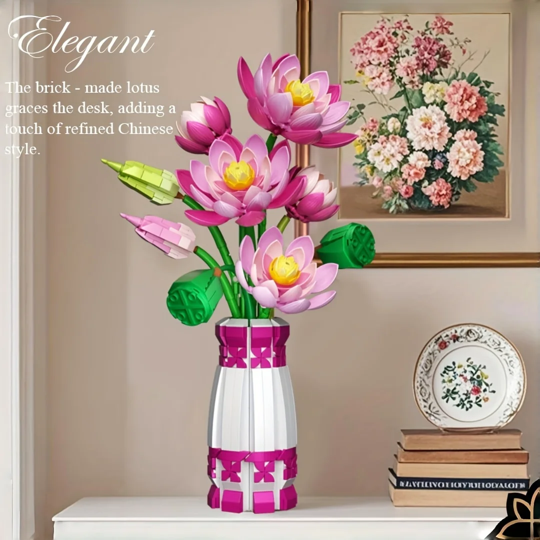 

Lotus Flower Bouquet Vase Brick Model, DIY Artificial Flower Series, Home Decorations, Holiday Gifts, with Vase
