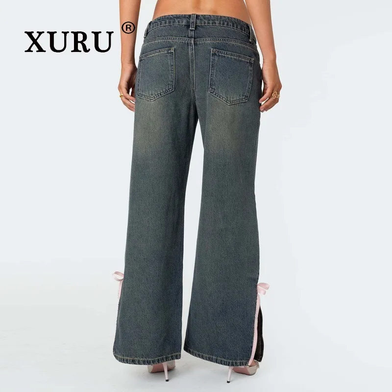 XURU - New Women's Micro Flared Mid Waist Jeans, Y2k Clothing Slim Fit Bow Side Slit Long Jeans, Men's Pants