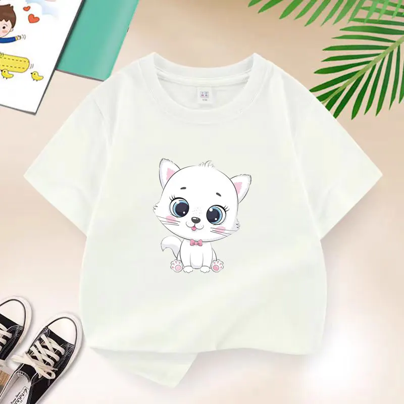 Cute Cat T-shirt for Girls Cotton Kids T Shirt Casual Children Casual Clothes Teen Baby Girl Cartoon Y2K Tops 6 8 10 12 Years