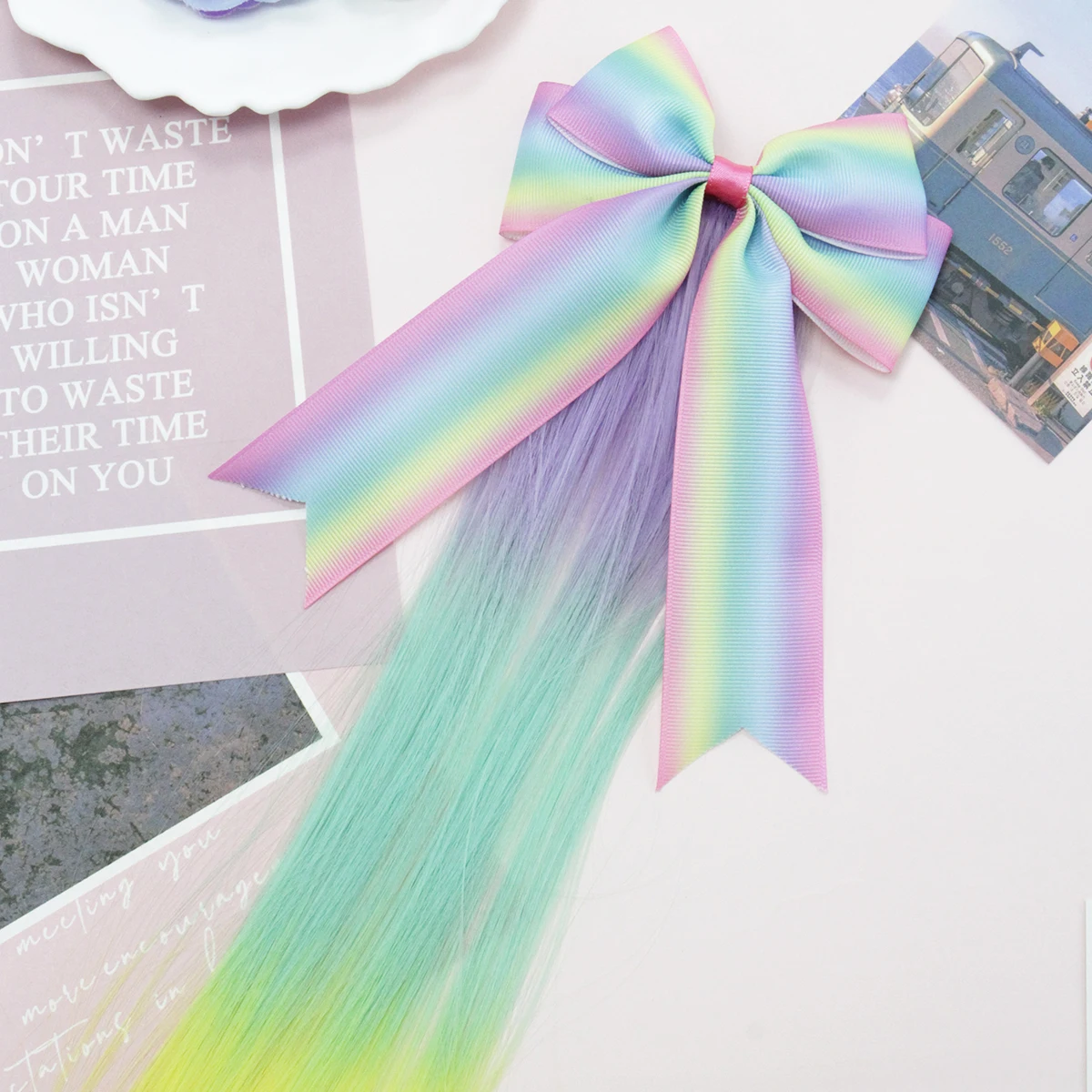 Spring & Summer Rainbow Large Bow Hair Clip with Hair Extensions - Versatile Valentine's Day Synthetic Wig Hair Accessory