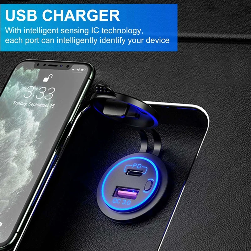 Pop PD Type C USB Car Charger And QC 3.0 Quick Charger 12V Power Outlet Socket With ON/Off Switch For Motorcycle RV ATV,Blue