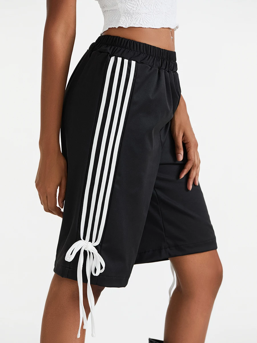 Women s Striped Knee-Length Shorts with Elastic Waistband Side Stripes and Bow Details - Casual Loose Fit Short Pants