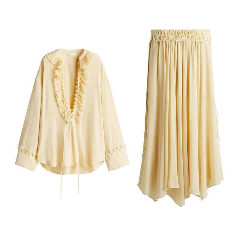 Verão novo sle solto v-ne n longo irt e chiffon f saia conjunto de duas peças faionable solto largo ne design