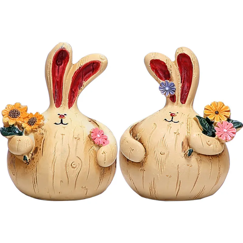 Country Fat Rabbit Ornament, Imitation Wood Grain Pair Statue, Cute Creative Desktop Craft Decor for Home Decoration