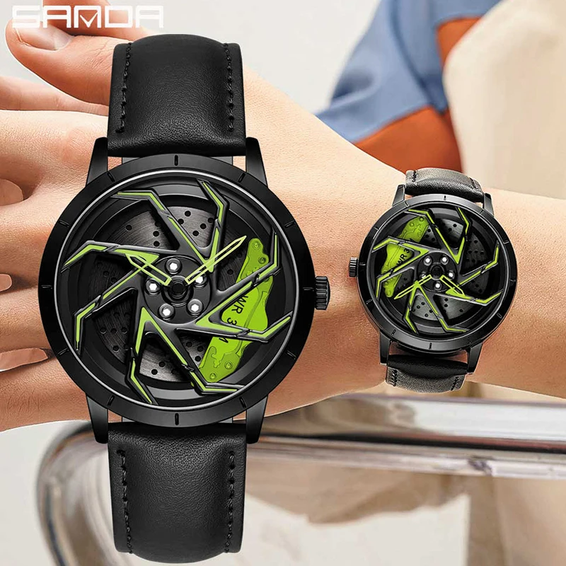 SANDA Hot‑Sell Men's Fashion Watch, 360° Rotating Car Rim Dial, Stainless Steel Waterproof Sport Quartz Wristwatch