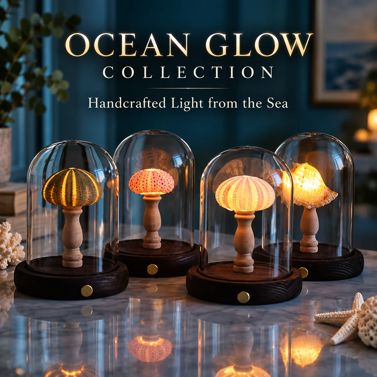 Handmade Sea Urchin Shell Night Light Touch Dimmable Type-C Rechargeable Glass Dome Lamp with 15-Min Timer Home Decor Gift