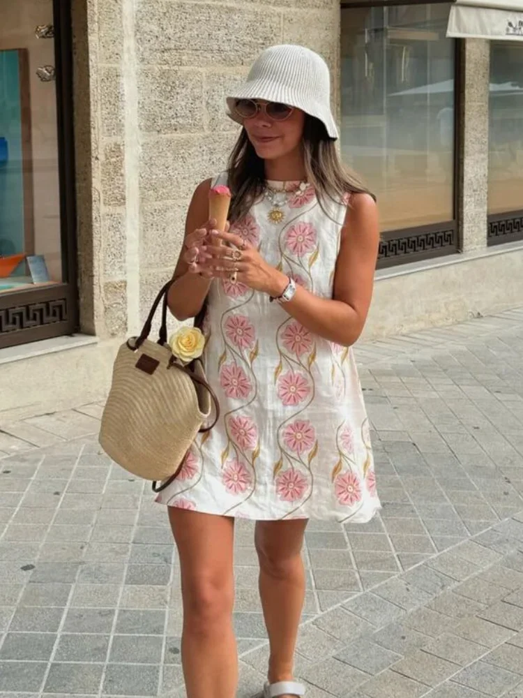

Fashion Printed Women's Holiday Short Vestido Summer New High Waist O-neck Sleeveless Loose Dress 2025 Female Casual Streetwear