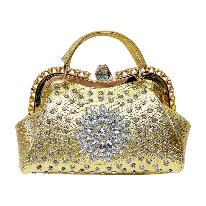 

Crocodile Pattern PU Leather Diamond Flower Dinner Bag New Rhinestones Top-handle Bag Luxury Shoulder Crossbody Bag Sac A Main