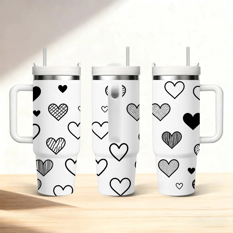 40 Oz Stainless Steel Double Wall Insulated Tumbler with Straw & Handle, Playful Assorted Black Heart Digital Print Sublimation Travel Mug, Keeps Drinks Hot 18H & Cold 36 H, Ideal for Daily Use, Holiday And Birthday Gift for Family And Friends