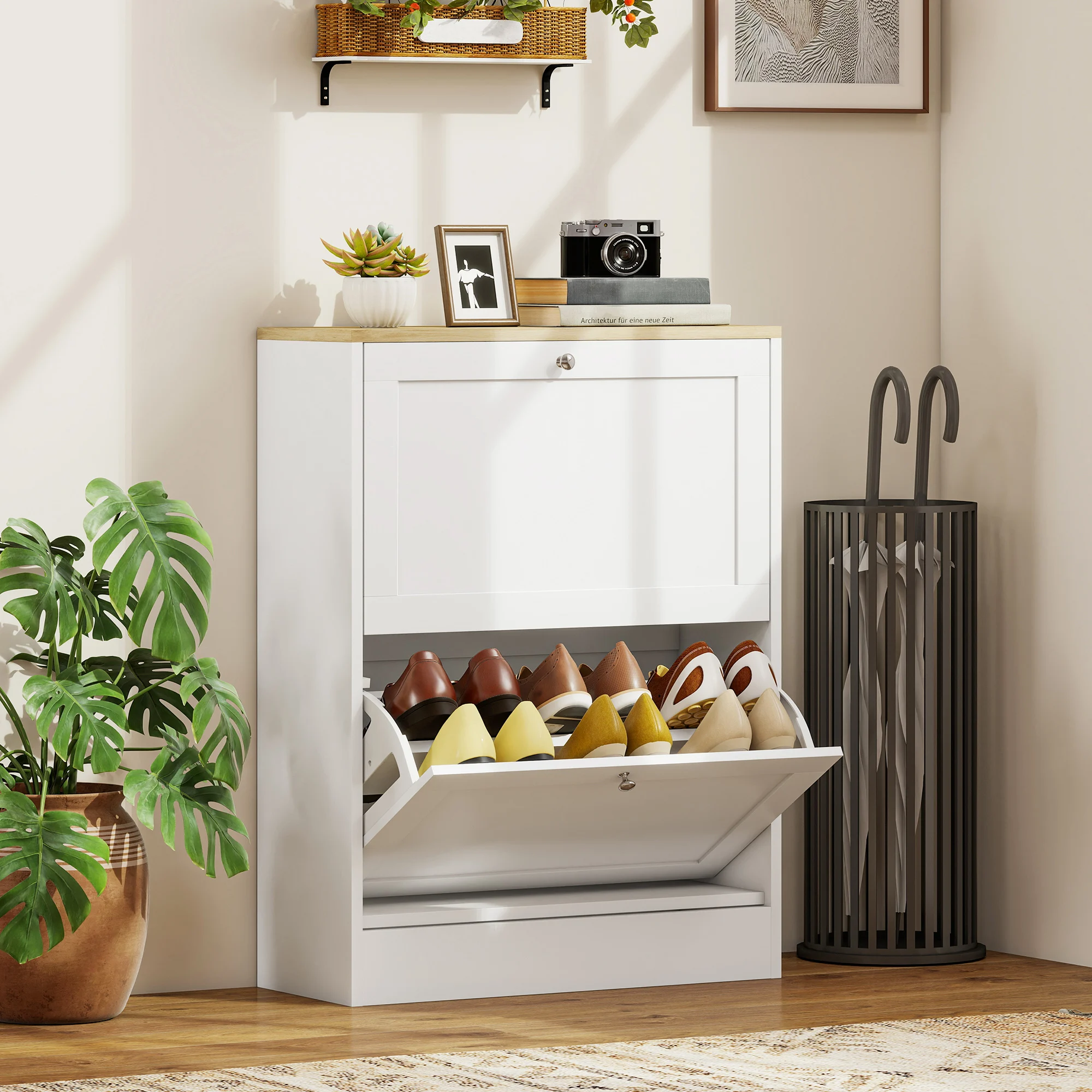 HOMCOM Shoe Storage Cabinet with 2 Flip Drawers, Wooden Freestanding Shoe Organizer with Adjustable Shelves for Entryway, Hallway, White