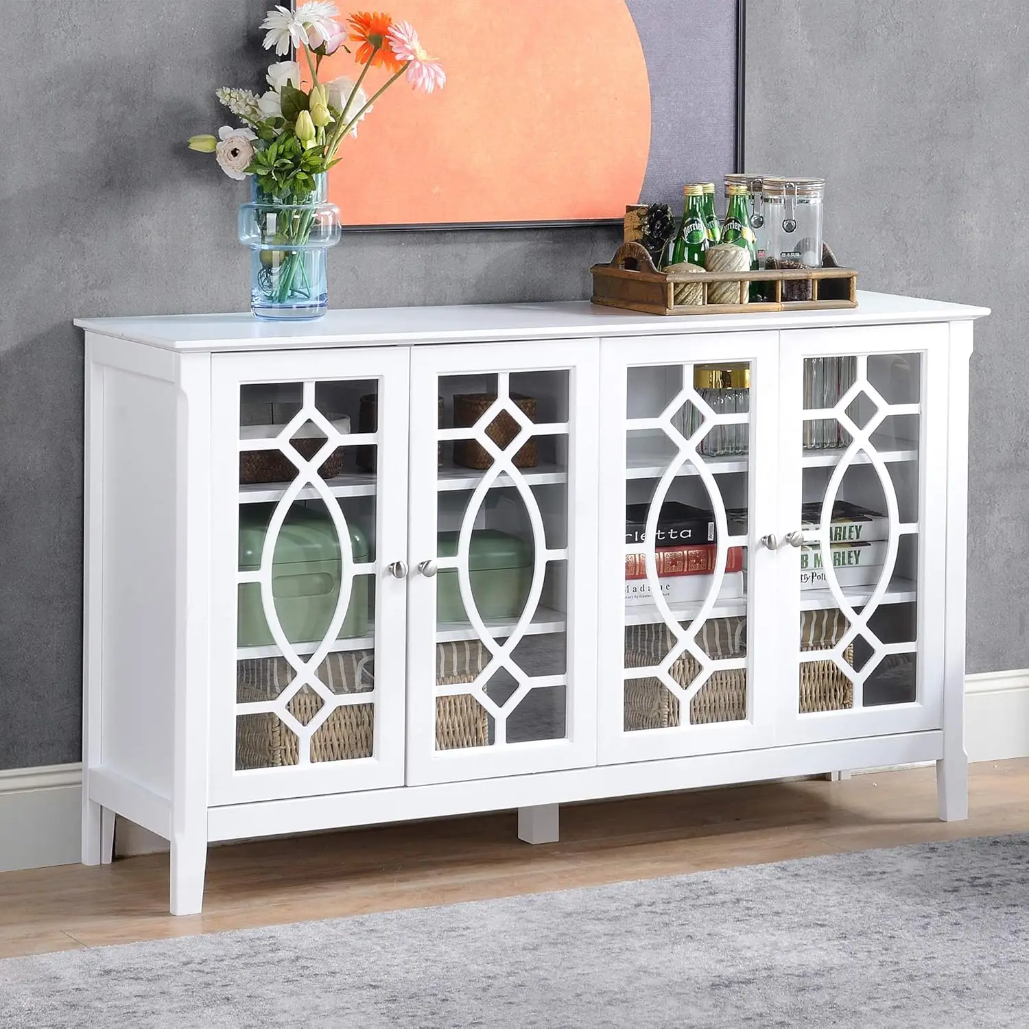 Sideboard Buffet Cabinet, Kitchen Storage Cabinet, Glass Door Accent Cabinet with Adjustable Shelves, White