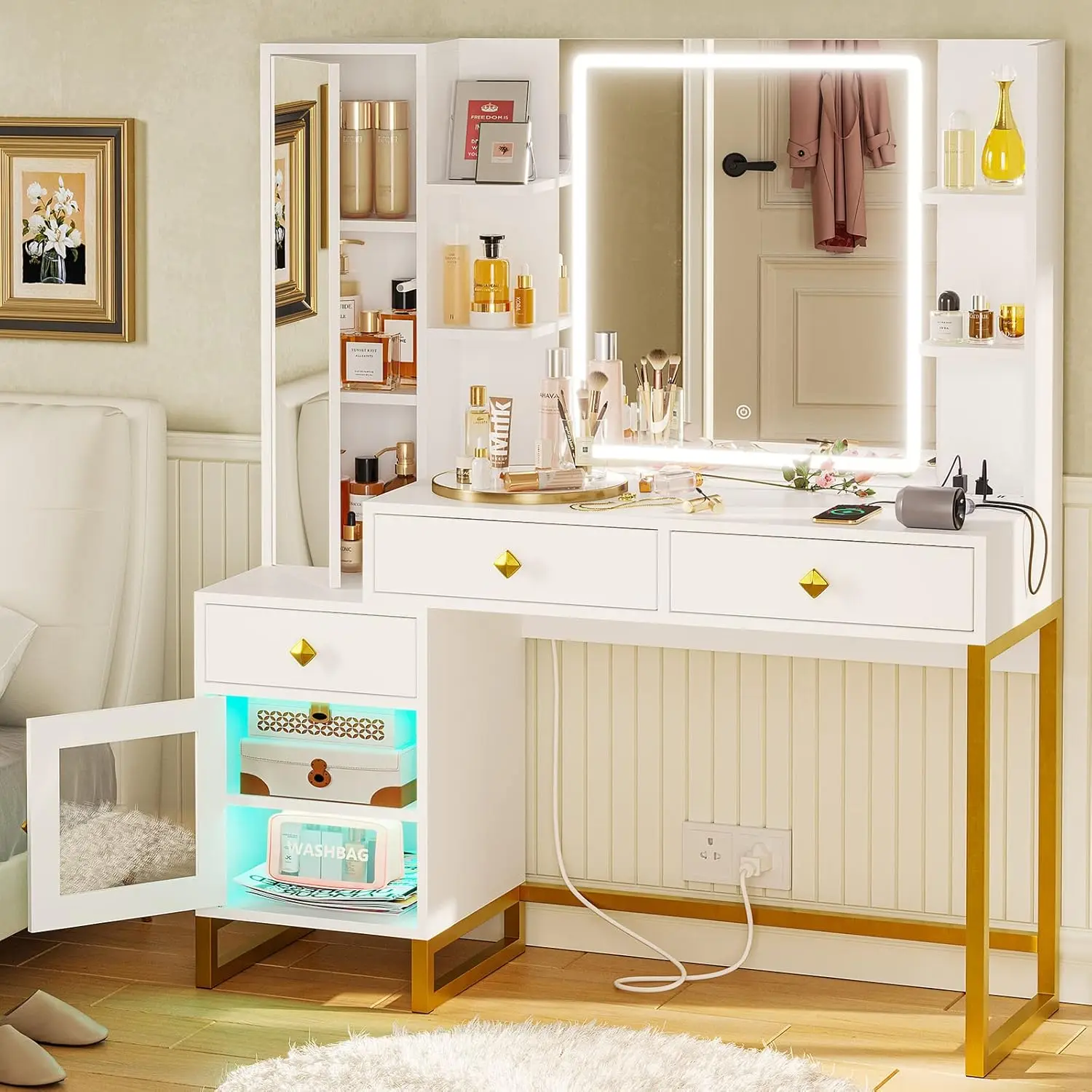 

Makeup Vanity Desk with Lighted Mirror, Lights&Charging Station, 3 Drawers&RGB Cabinet, Makeup Table Set with Full-Length Mirror