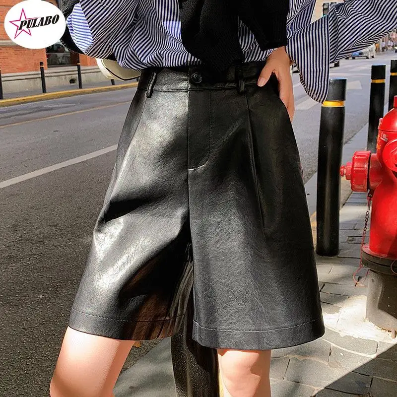 

PULABO PERITANG Back Buttons S-3XL Fashion PU Leather Shorts Women's Autumn Winter y2k Loose Five Points Leather Trousers Shorts