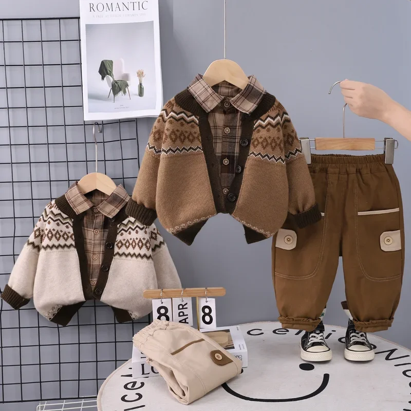 New Spring Autumn Baby Boys Clothes Children Jacket Plaid Shirt Pants 3Pcs/Sets Kids Clothing Infant Costume Toddler Tracksuits