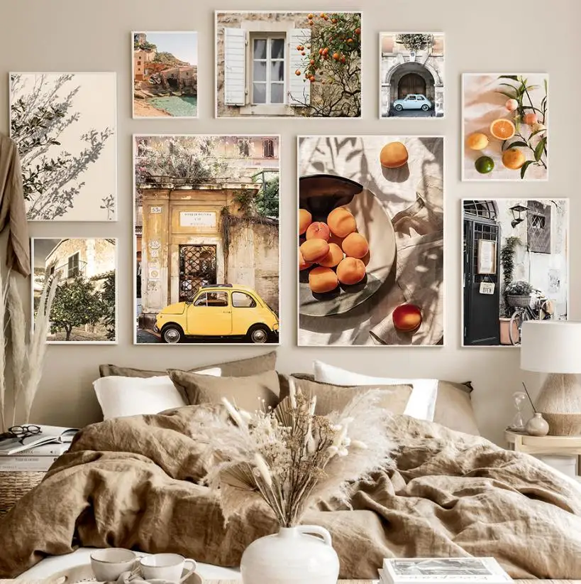1pc Canvas Painting frameless Nordic Europe Town Casual Landscape Canvas Picture House Beach Courtyard Sunlight Car Poster Lemon