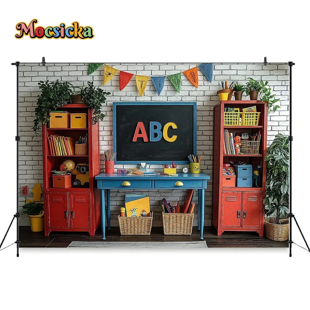 Mocsicka العودة إلى المدرسة حفلة خلفية التصوير الفوتوغرافي السبورة خزانة الفصول الدراسية خلفية الطالب كعكة سحق فوتوزون استوديو