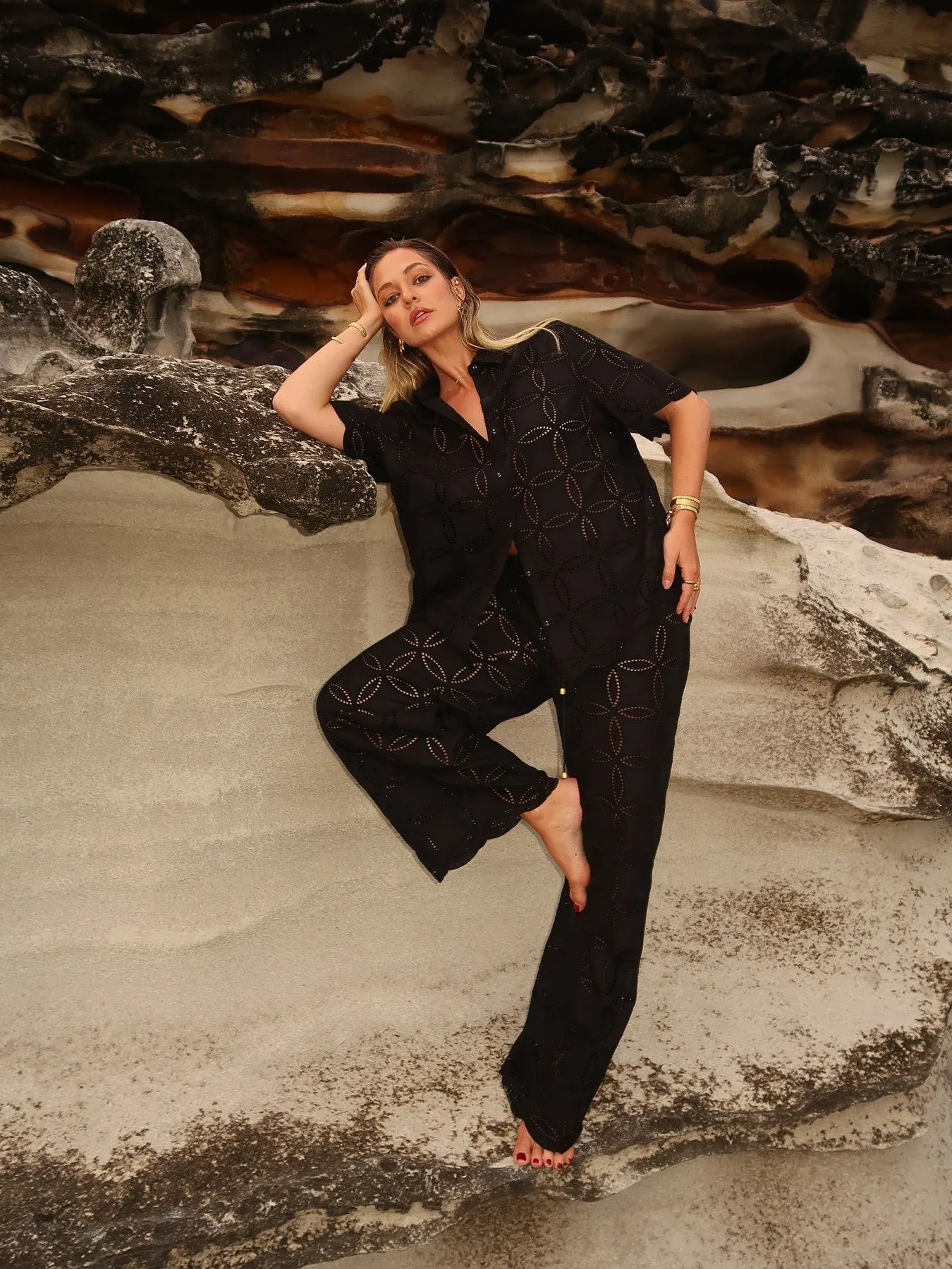 

Hollow Out Embroidery Women Black Set Short Sleeve Turn-down Collar Shirt + Elastic Waist Straight Wide Leg Pants Loose Suits