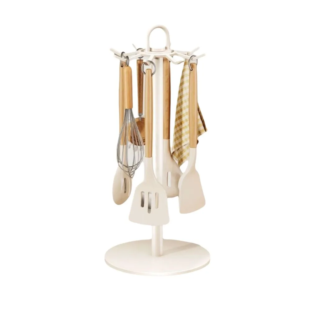 Portable 8 Hooks Rotating Utensil Storage Rack Stable Base Movable Spatula Storage Rack with Water Tray Pot Shovel Rack Kitchen