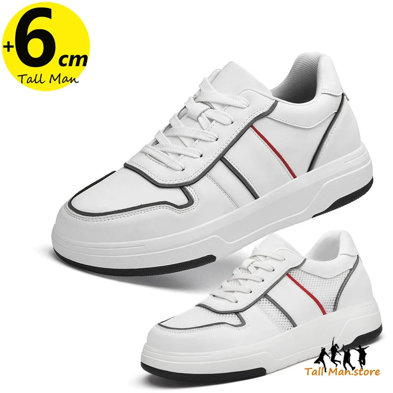 White Sneakers Men Height Increase Insoles 6cm Adjustable Lifts Casual Shoes Fashion Plus Size 38-45