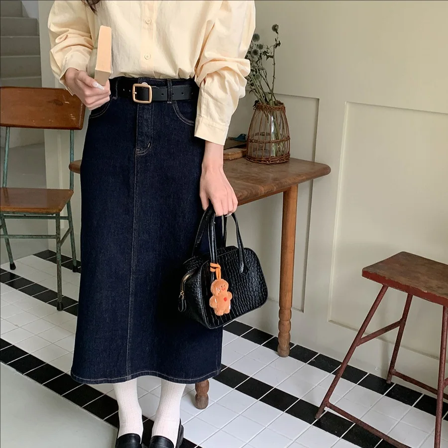 

Женская винтажная джинсовая юбка трапециевидной формы с высокой талией и разрезом сзади на весну и осень 2024, повседневная мода