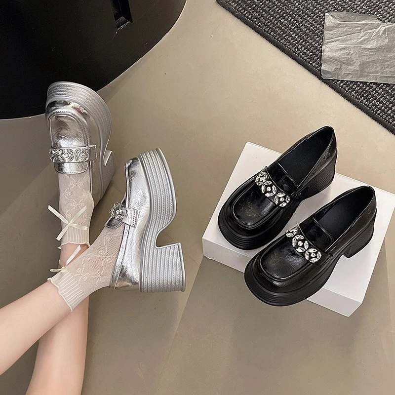 Block Heel Single Shoes Autumn New Round Toe Deep Slip Rhinestone Slip-on Platform Non-Slip Heeled Loafers