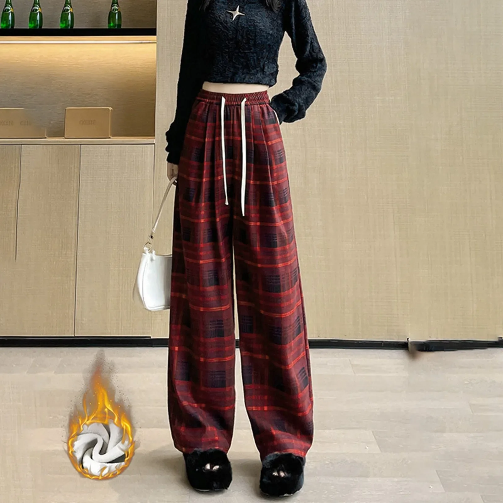 Winter Warm Plaid Pants For Women High Waist Fleece Trousers Ladies Loose Casual Red Straight Velvet Pants Women Winter Clothing