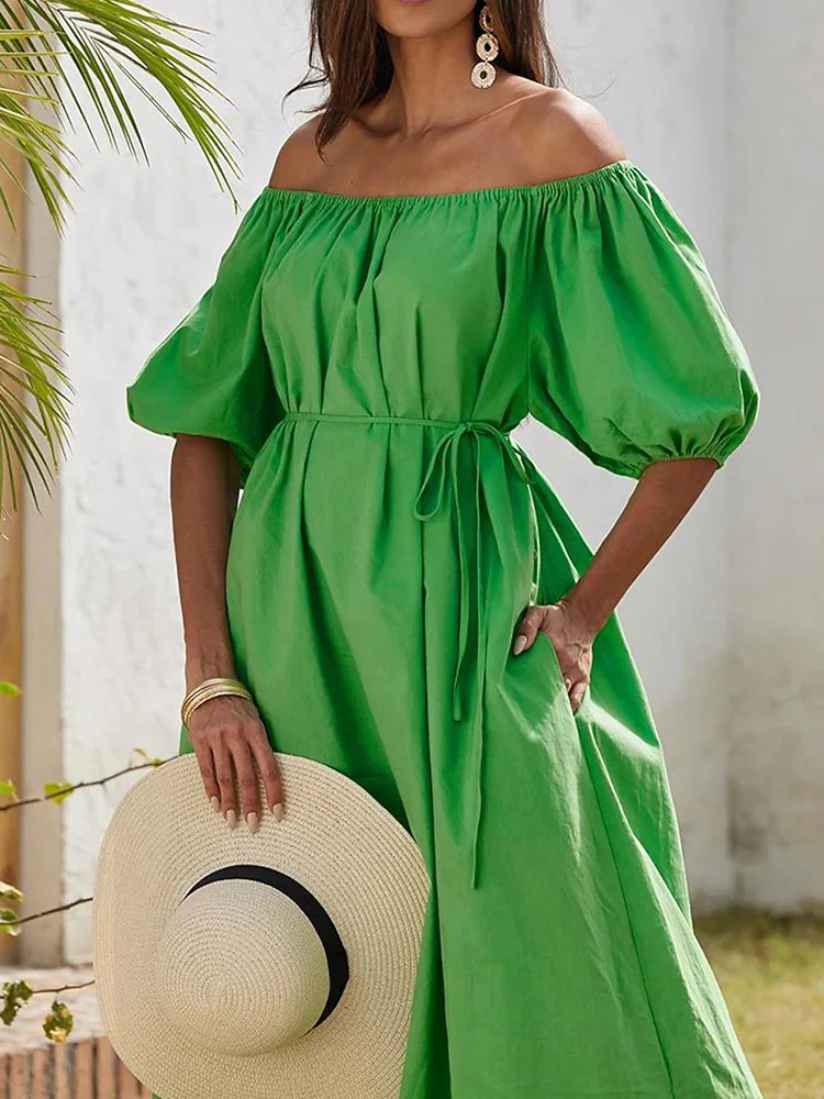 

Women Fashion Pocket Short Puff Sleeve Maxi Dress, Summer Holiday Loungewear Slash Neck Party Dress, Elegant Loose Ladies Dress