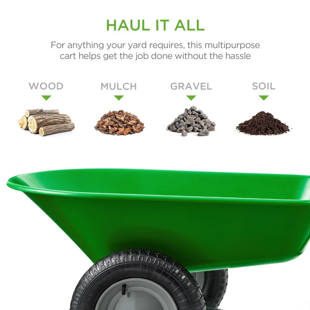 Dual-Wheel Home Utility Yard Wheelbarrow Garden Cart w/Built-in Stand for Lawn, Gardening, Construction - Bright Green