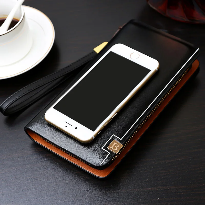Vintage Men Clutch Bag Leather Long Purse Double Zipper Business Wallet For Husband Gift Black Brown Male Casual Handy Bags