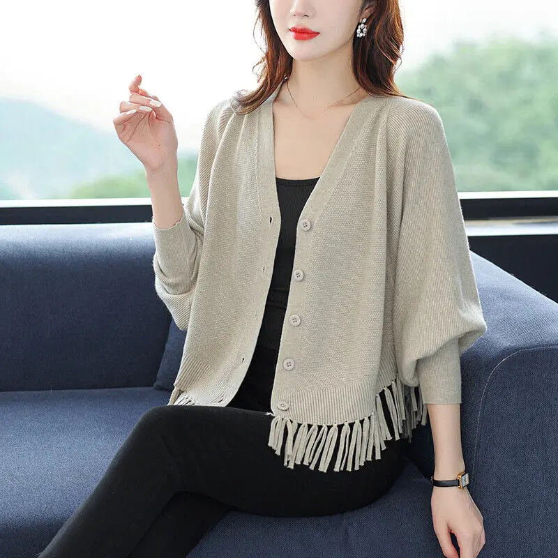 

Women Winter Autumn Elegant Knitted Sweater Cardigan Batwing Sleeve Coat Fashion Tassel Cardigans Tops Outwear