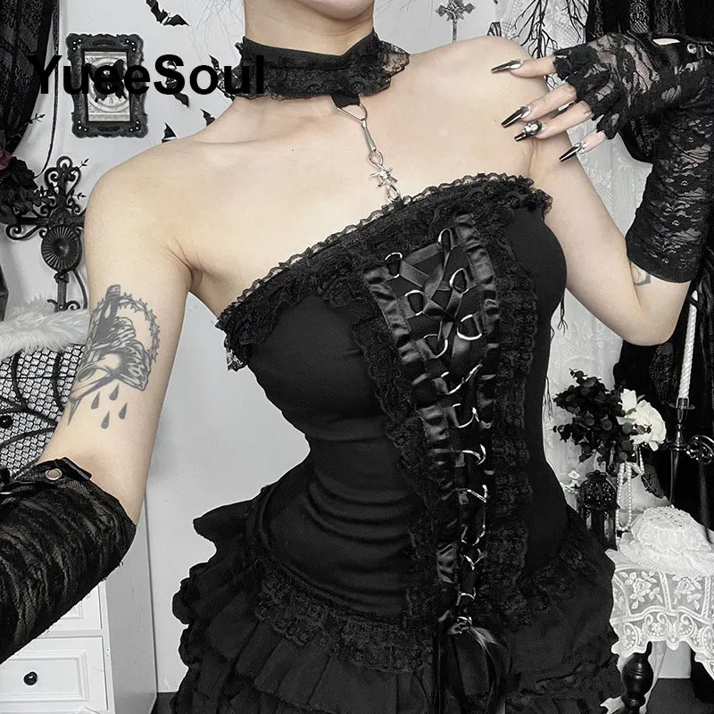 Gothic Crop Tops Black Spaghetti Strap Mesh Slim Corset Tops 2025 New Goth Punk Grunge Fairy Core Sexy Y2K Halloween Clothing image 5