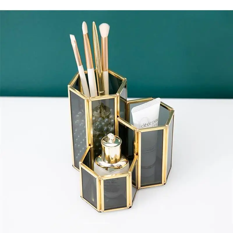 

Glass Makeup Brush Storage Bucket Pen Holder 3 Grids Jewelry Boxes Organizer Box