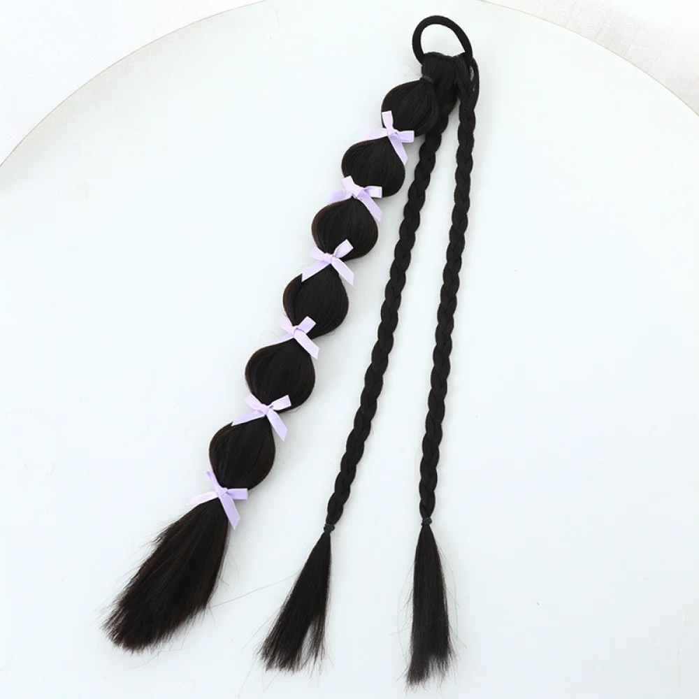 Synthetic Bubble Braid Ponytail Hair Extension With Ribbon Decoration Heat Resistant Fiber Wig Piece Easy Hair Styling