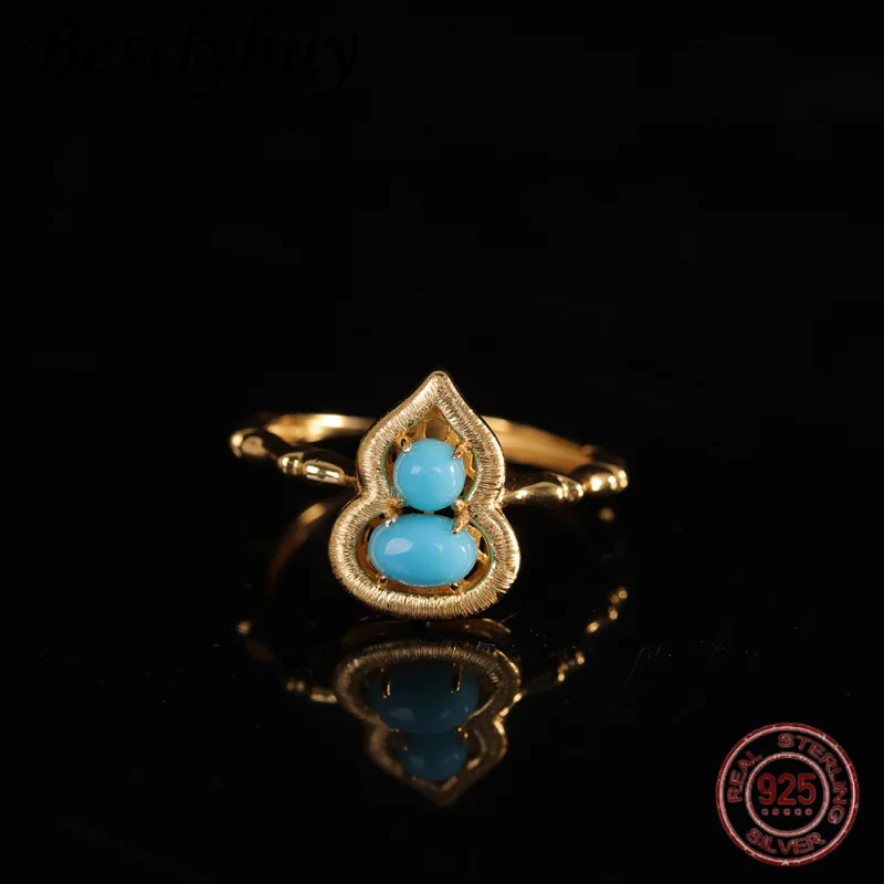 

Real S925 Pure Silver Natural Turquoise Gourd Ring For Women 18k Fashionable Light Luxury Original Jewelry