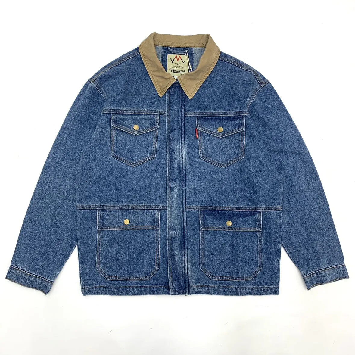 2026 Spring New American Retro Heavyweight Neckline Contrast Color Multiple Pockets Washed Denim Jacket Men's Loose Casual Coat