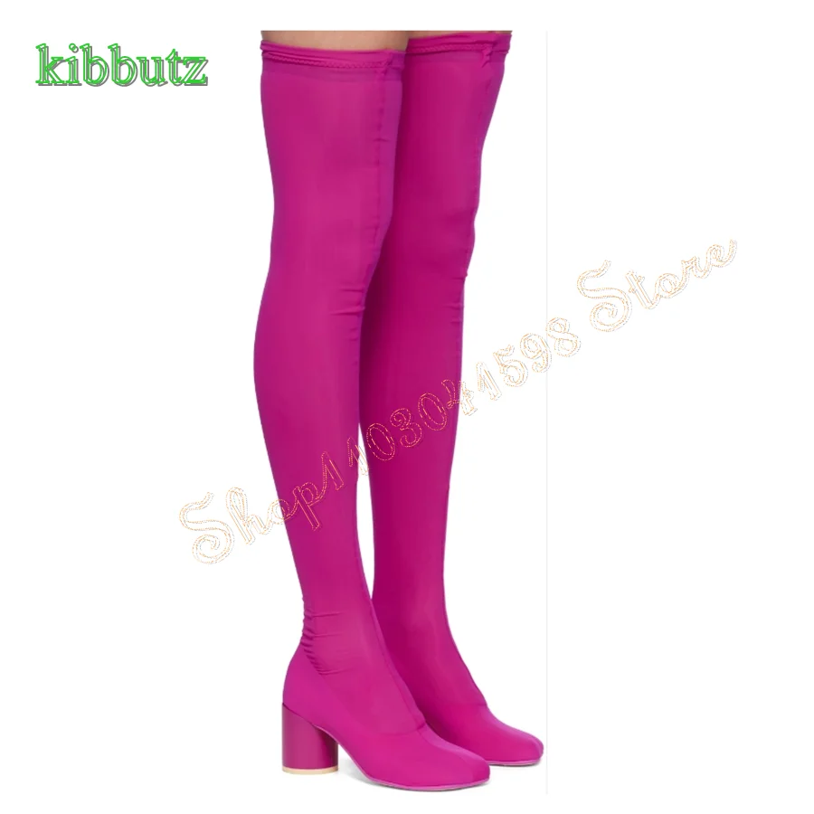 

Sexy Pink Mesh Stretch Boots,Round Toe Chunky Heel Over The Knee Boots Wedding Party Boots for Women2023 New Zapatos Para Mujere