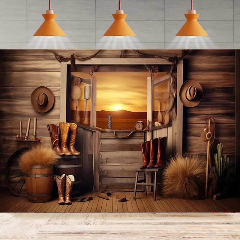 Western Cowboy Photography Backdrop Rustic Wooden Sunset Brown Background Wild West Rustic Home Party Backdrop Wall Banner Decor