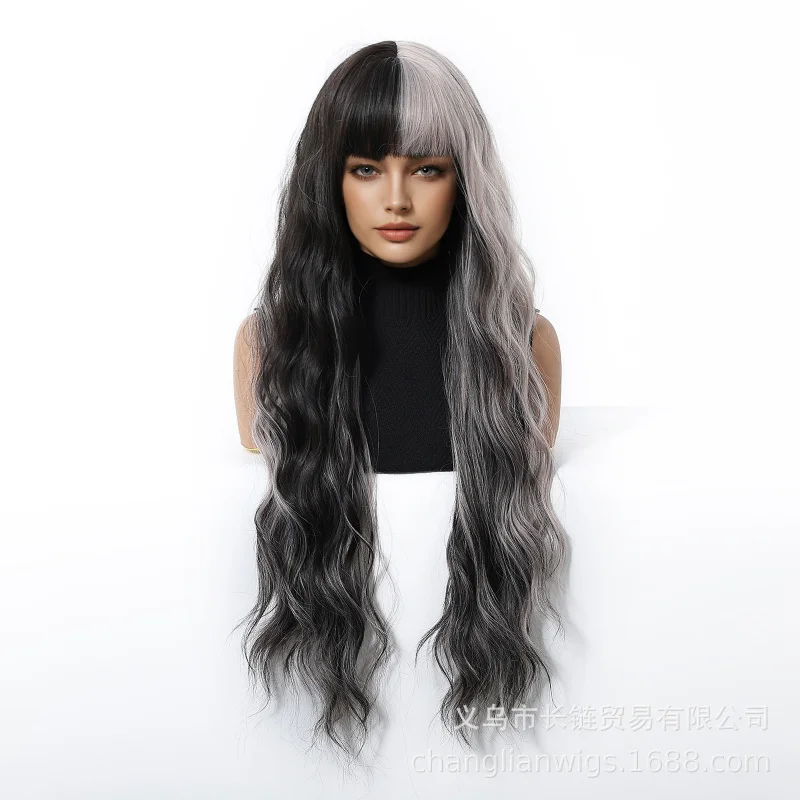 

Halloween wig for women, black gray combination, wavy long curly hair with bangs, clown color scheme, fashionable and