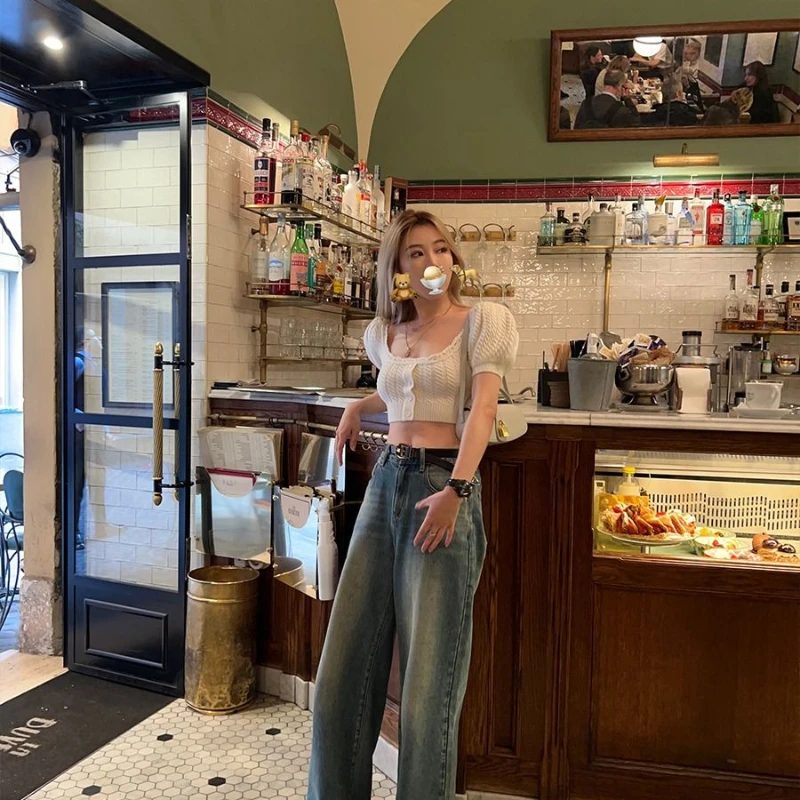 Printemps/été 2025 tricots courts avec manches à bulles petit Design Sense Hot Girl exposant ombilical