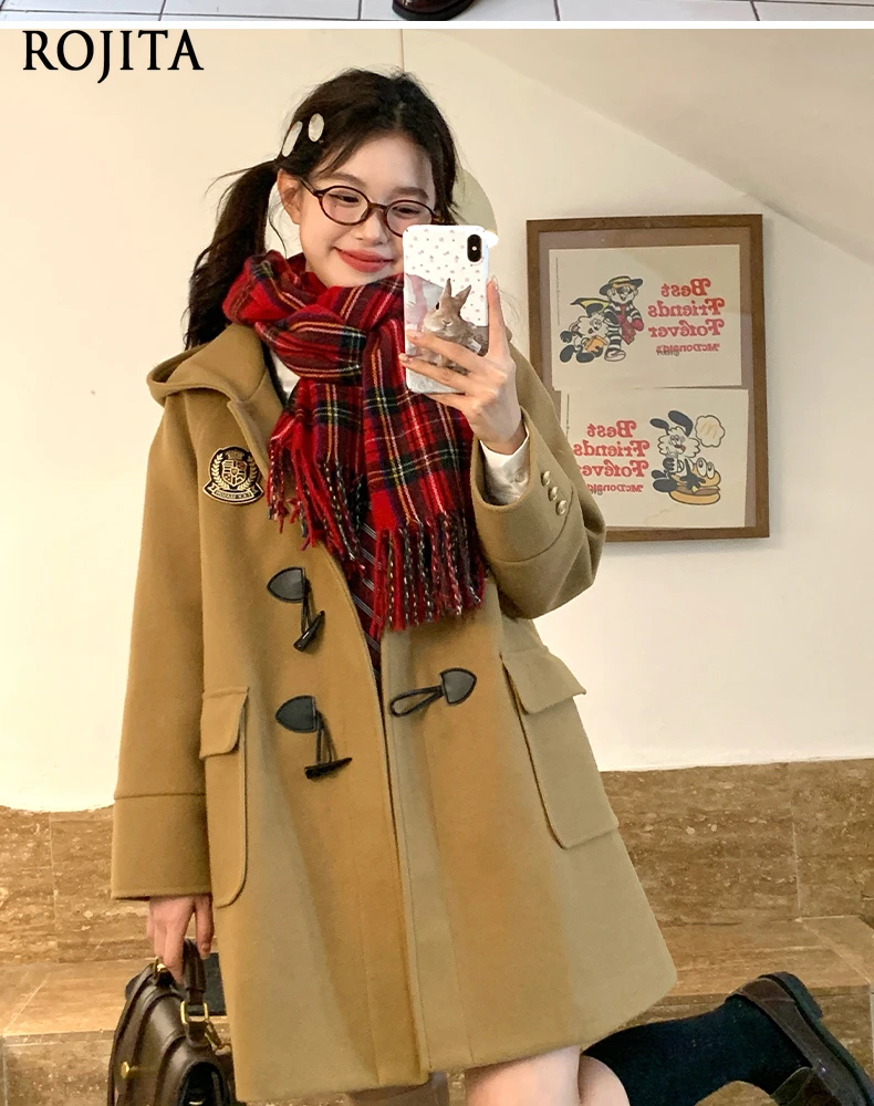 Japanese JK Coats Winter Hooded Horn Buckle Cotton Medium Length Straight Coat College Style Hooded Polyester Fiber Coat Women